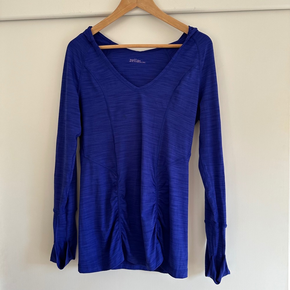 Zella Royal Blue V Neck Ruched Athletic Long‎ Sleeve Hoodie